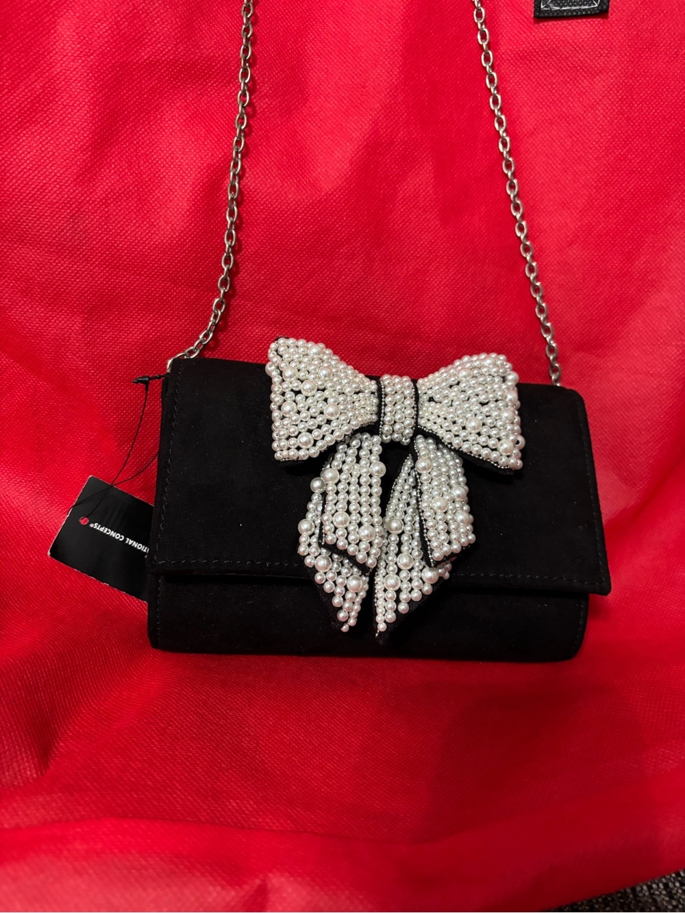 Black Pearl Bow Suede Crossbody Bag